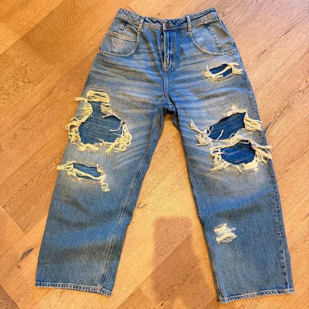 Free people Distressed Blue High-Rise Wide Leg ankle length Jeans